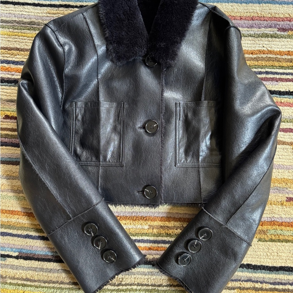 Vegan Black shearling Leather cropped Jacket, size medium, needs sew job—easy